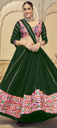 Green color Lehenga in Georgette fabric with Border, Gota Patti work