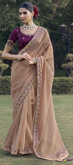 Pink and Majenta color Saree in Organza Silk fabric with Border, Embroidered, Mirror work