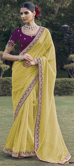 Yellow color Saree in Organza Silk fabric with Border, Embroidered, Mirror work