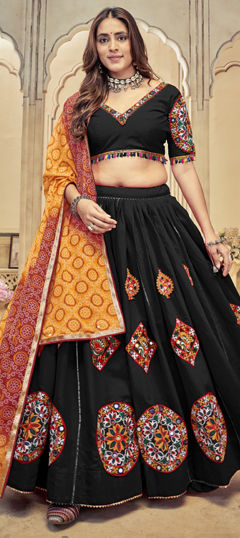 Black and Grey color Lehenga in Silk cotton fabric with Border, Gota Patti work