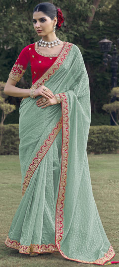 Green color Saree in Organza Silk fabric with Border, Embroidered, Mirror work