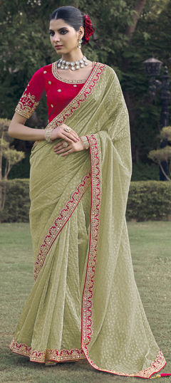 Green color Saree in Organza Silk fabric with Border, Embroidered, Mirror work