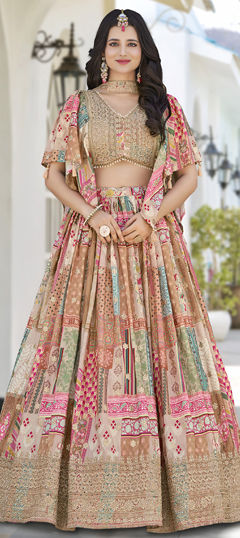 Beige and Brown color Lehenga in Chinon Silk fabric with Digital Print, Embroidered, Zari work