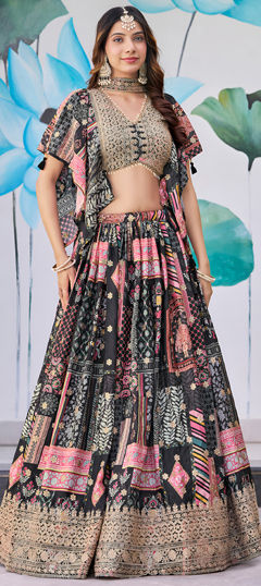 Black and Grey color Lehenga in Chinon Silk fabric with Digital Print, Embroidered work
