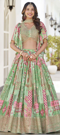 Green color Lehenga in Chinon Silk fabric with Digital Print, Embroidered, Zari work