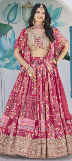 Pink and Majenta color Lehenga in Chinon Silk fabric with Digital Print, Embroidered, Zari work
