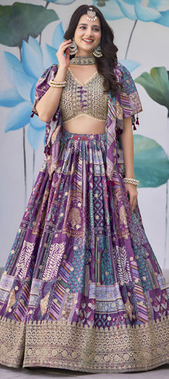 Purple and Violet color Lehenga in Chinon Silk fabric with Digital Print, Embroidered, Zari work