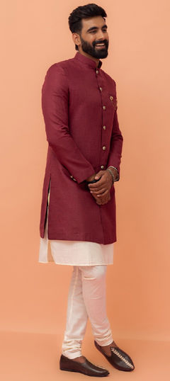 Red and Maroon color IndoWestern Dress in Art Dupion Silk fabric with Broches work