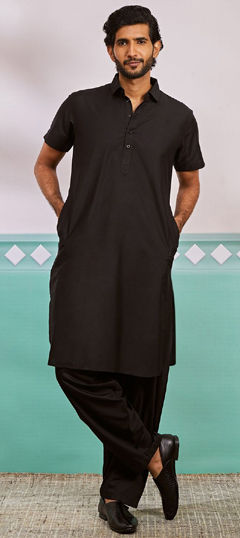 Black and Grey color Kurta Pyjamas in Art Dupion Silk fabric with Thread work