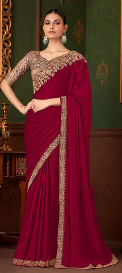 Red and Maroon color Saree in Chinon Silk fabric with Sequence, Thread work
