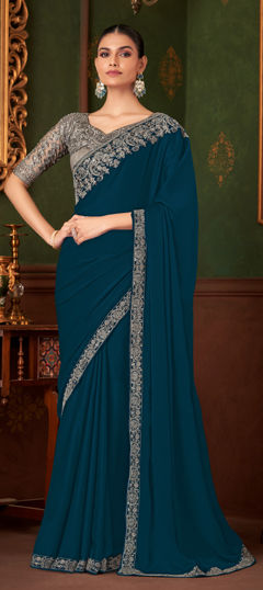 Blue color Saree in Chiffon fabric with Sequence, Thread work