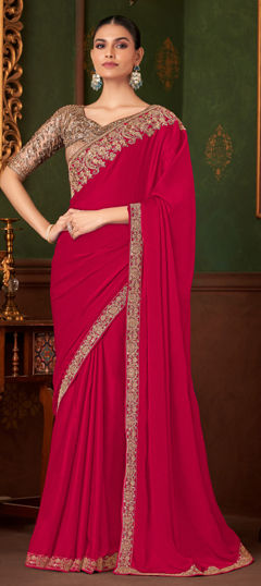 Pink and Majenta color Saree in Chiffon fabric with Sequence, Thread work