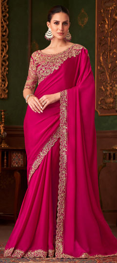 Pink and Majenta color Saree in Satin Silk fabric with Embroidered, Resham, Sequence, Zari work