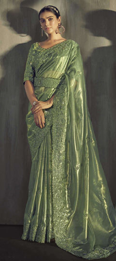 Green color Saree in Tissue fabric with Embroidered, Sequence, Thread work