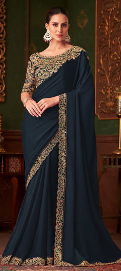 Blue color Saree in Satin Silk fabric with Embroidered, Resham, Sequence, Zari work