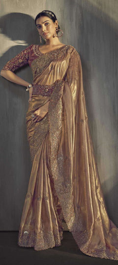 Beige and Brown color Saree in Tissue fabric with Embroidered, Sequence, Thread work