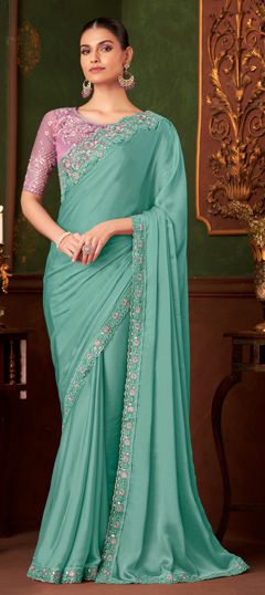 Blue color Saree in Chiffon fabric with Embroidered, Resham, Sequence, Thread work