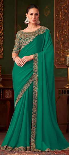 Green color Saree in Satin Silk fabric with Embroidered, Resham, Sequence, Zari work