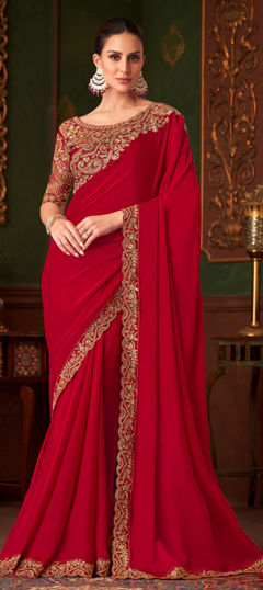Red and Maroon color Saree in Satin Silk fabric with Embroidered, Resham, Sequence, Zari work