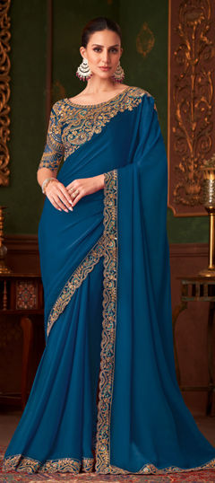 Blue color Saree in Satin Silk fabric with Embroidered, Resham, Sequence, Zari work