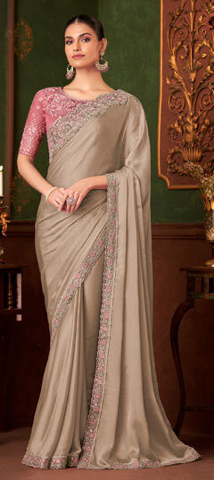 Beige and Brown color Saree in Chiffon fabric with Embroidered, Resham, Sequence, Thread work