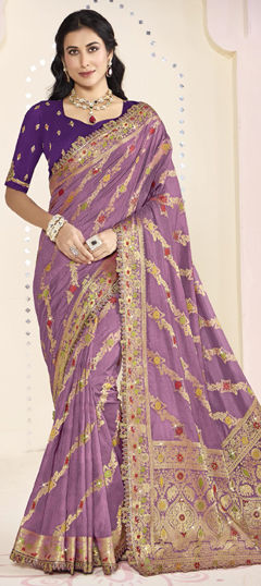 Purple and Violet color Saree in Silk fabric with Embroidered, Lace, Weaving work
