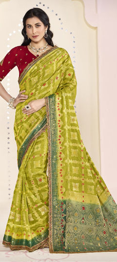 Green color Saree in Silk fabric with Embroidered, Lace, Weaving work