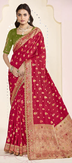 Red and Maroon color Saree in Silk fabric with Embroidered, Lace, Weaving work