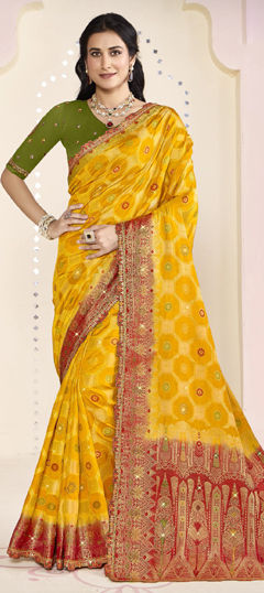 Yellow color Saree in Silk fabric with Embroidered, Lace, Weaving work