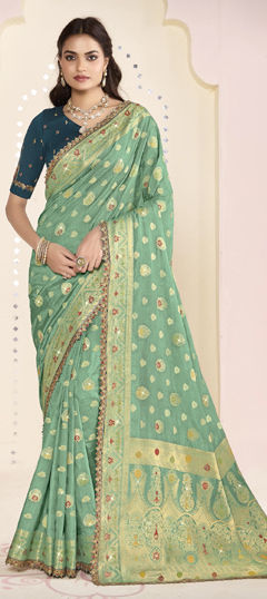 Green color Saree in Silk fabric with Embroidered, Lace, Weaving work