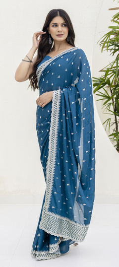 Blue color Saree in Chinon Silk fabric with Border work
