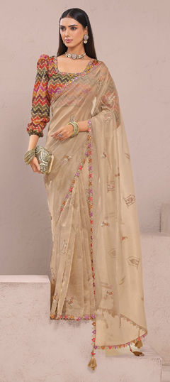 Beige and Brown color Saree in Tissue fabric with Embroidered, Lace, Resham, Thread work