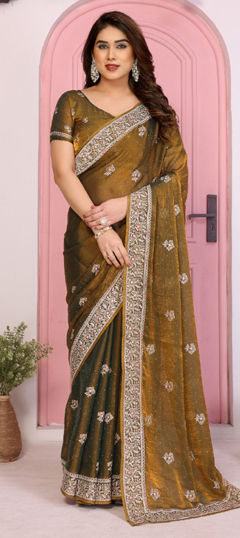 Beige and Brown color Saree in Chiffon fabric with Embroidered, Resham work