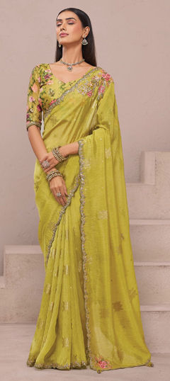 Green color Saree in Tissue fabric with Embroidered, Lace, Resham, Thread work