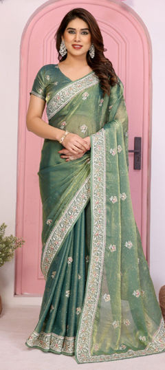 Green color Saree in Chiffon fabric with Embroidered, Resham work