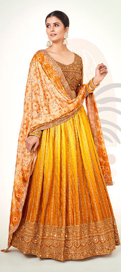Orange, Yellow color Lehenga in Chinon Silk fabric with Embroidered, Sequence, Thread work