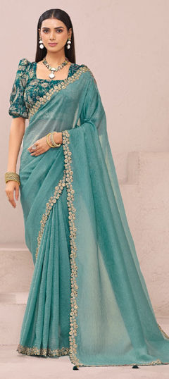 Blue color Saree in Tissue fabric with Embroidered, Lace, Resham, Thread work