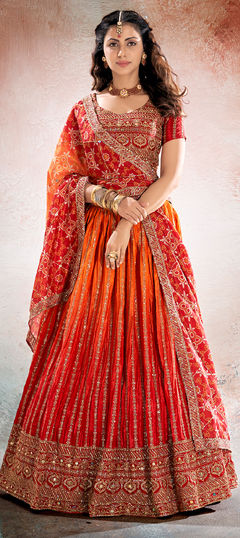Orange, Red and Maroon color Lehenga in Chinon Silk fabric with Embroidered, Sequence, Thread work
