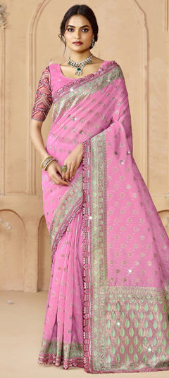 Pink and Majenta color Saree in Silk fabric with Border, Embroidered, Sequence, Stone, Thread work