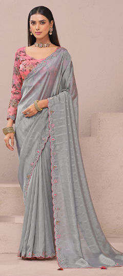 Black and Grey color Saree in Tissue fabric with Embroidered, Lace, Resham, Thread work