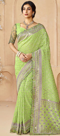 Green color Saree in Silk fabric with Border, Embroidered, Sequence, Stone, Thread work