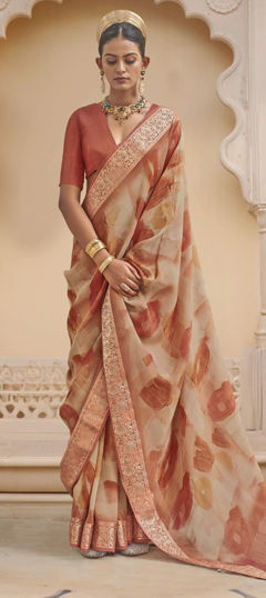 Beige and Brown color Saree in Viscose fabric with Printed, Weaving work