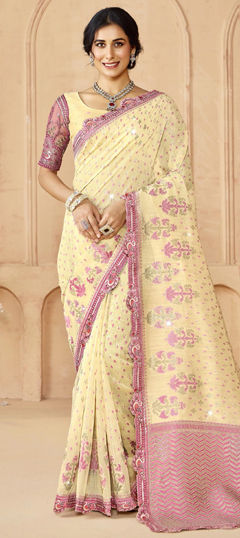 Beige and Brown color Saree in Silk fabric with Border, Embroidered, Sequence, Stone, Thread work