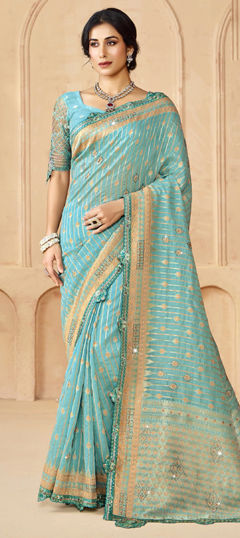 Blue color Saree in Silk fabric with Border, Embroidered, Sequence, Stone, Thread work