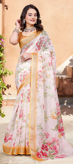 White and Off White color Saree in Cotton, Linen fabric with Digital Print, Floral work