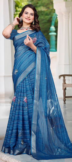Blue color Saree in Cotton, Linen fabric with Digital Print, Floral work