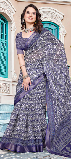 Purple and Violet color Saree in Cotton, Linen fabric with Digital Print, Floral work
