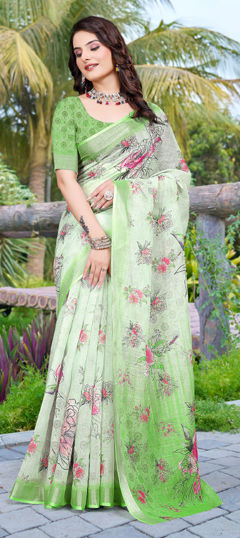 Green color Saree in Cotton, Linen fabric with Digital Print, Floral work