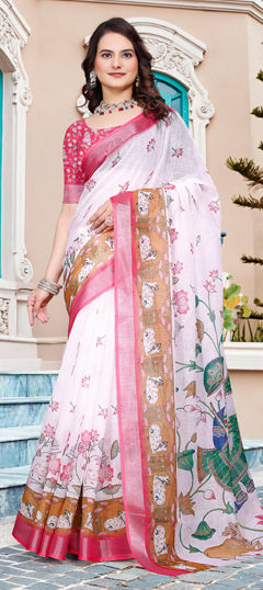 White and Off White color Saree in Cotton, Linen fabric with Digital Print, Floral work