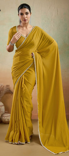 Yellow color Saree in Georgette fabric with Lace work